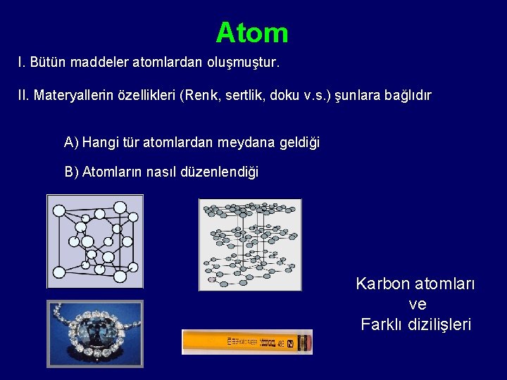 Atom I. Bütün maddeler atomlardan oluşmuştur. II. Materyallerin özellikleri (Renk, sertlik, doku v. s.