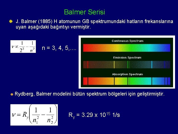 Balmer Serisi J. Balmer (1885) H atomunun GB spektrumundaki hatların frekanslarına uyan aşağıdaki bağıntıyı