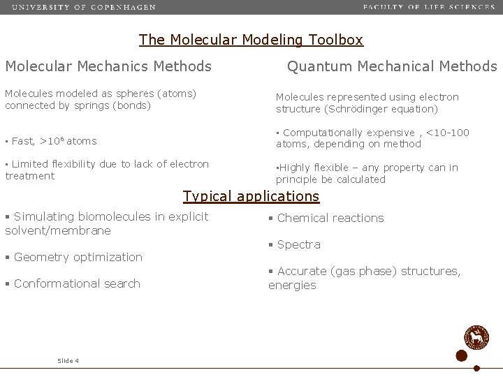 The Molecular Modeling Toolbox Molecular Mechanics Methods Quantum Mechanical Methods Molecules modeled as spheres