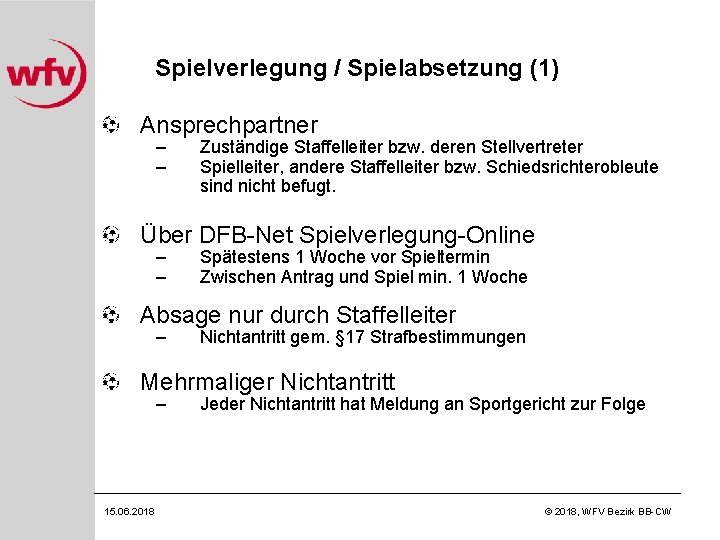 Spielverlegung / Spielabsetzung (1) Ansprechpartner – – Zuständige Staffelleiter bzw. deren Stellvertreter Spielleiter, andere