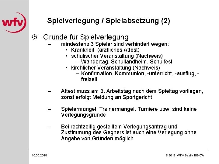 Spielverlegung / Spielabsetzung (2) Gründe für Spielverlegung 15. 06. 2018 – mindestens 3 Spieler
