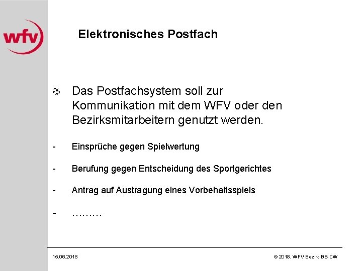 Elektronisches Postfach Das Postfachsystem soll zur Kommunikation mit dem WFV oder den Bezirksmitarbeitern genutzt