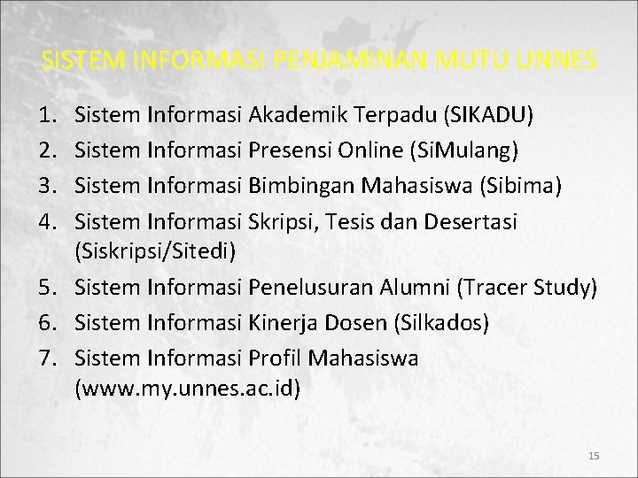 SISTEM INFORMASI PENJAMINAN MUTU UNNES 1. 2. 3. 4. Sistem Informasi Akademik Terpadu (SIKADU)