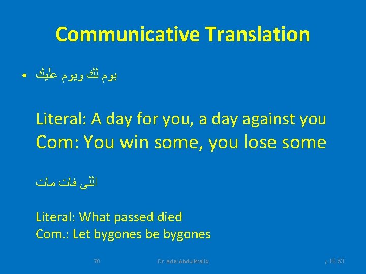 Communicative Translation ● ﻋﻠﻴﻚ ﻭﻳﻮﻡ ﻟﻚ ﻳﻮﻡ Literal: A day for you, a day