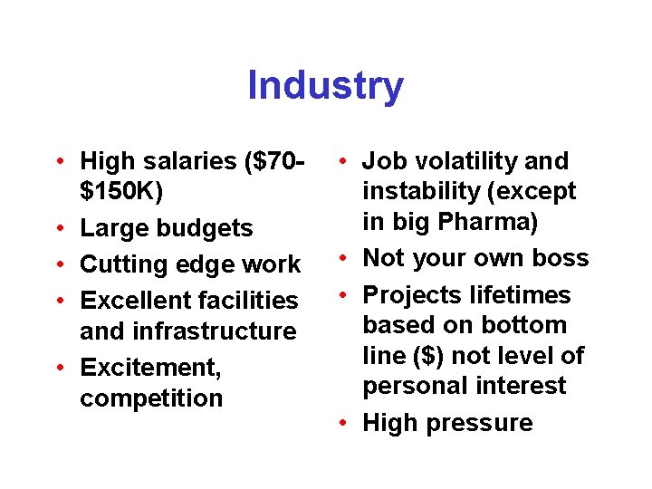 Industry • High salaries ($70$150 K) • Large budgets • Cutting edge work • Industry • High salaries ($70$150 K) • Large budgets • Cutting edge work •