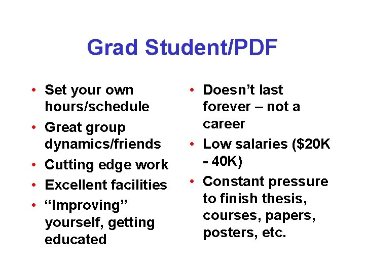 Grad Student/PDF • Set your own hours/schedule • Great group dynamics/friends • Cutting edge Grad Student/PDF • Set your own hours/schedule • Great group dynamics/friends • Cutting edge