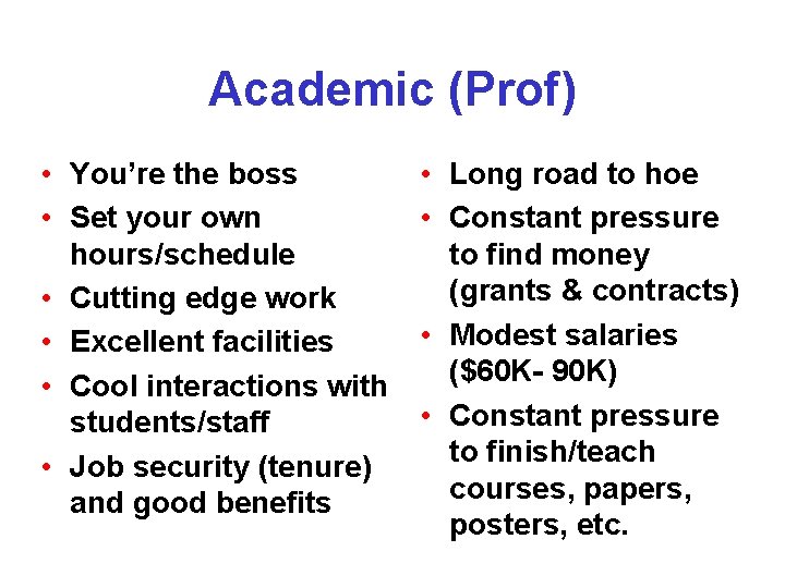 Academic (Prof) • You’re the boss • Set your own hours/schedule • Cutting edge Academic (Prof) • You’re the boss • Set your own hours/schedule • Cutting edge