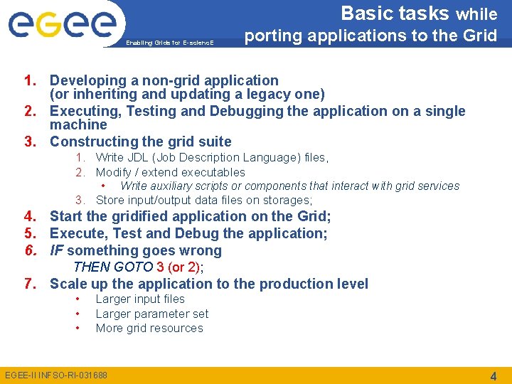 Basic tasks while Enabling Grids for E-scienc. E porting applications to the Grid 1.