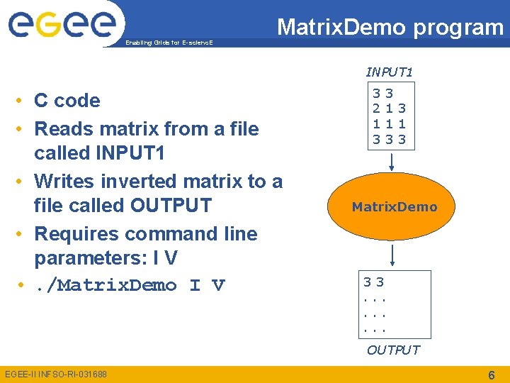 Enabling Grids for E-scienc. E Matrix. Demo program INPUT 1 • C code •