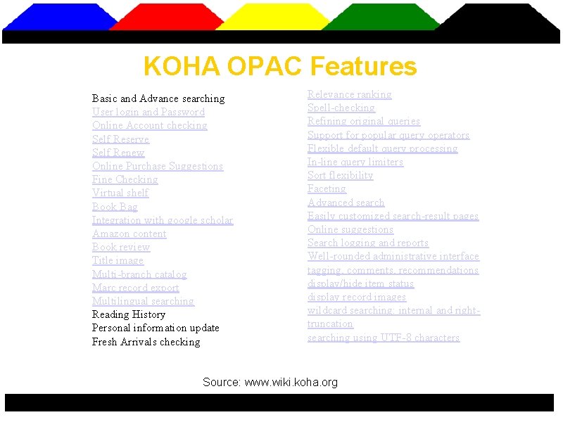 KOHA OPAC Features Basic and Advance searching User login and Password Online Account checking