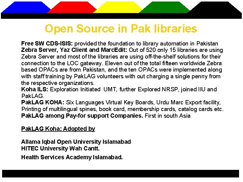 Open Source in Pak libraries Free SW CDS-ISIS: provided the foundation to library automation