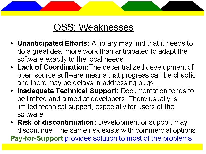 OSS: Weaknesses • Unanticipated Efforts: A library may find that it needs to do