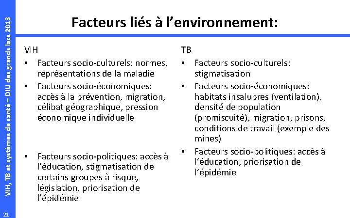 VIH, TB et systèmes de santé – DIU des grands lacs 2013 21 Facteurs