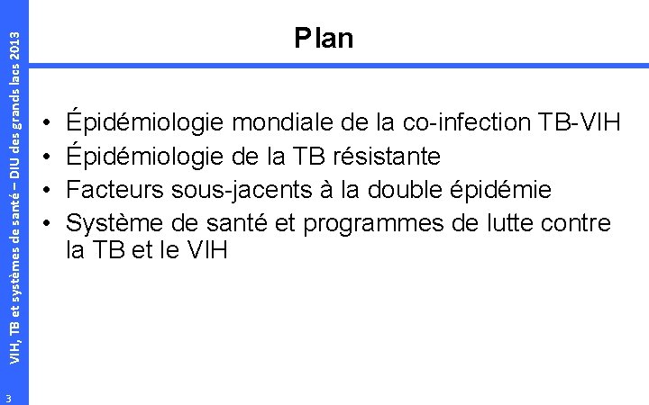 VIH, TB et systèmes de santé – DIU des grands lacs 2013 3 Plan