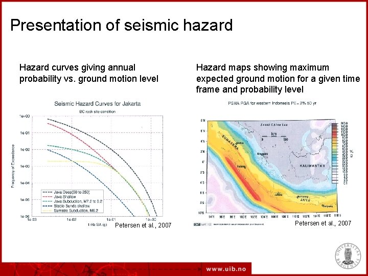 Presentation of seismic hazard Hazard curves giving annual probability vs. ground motion level Petersen