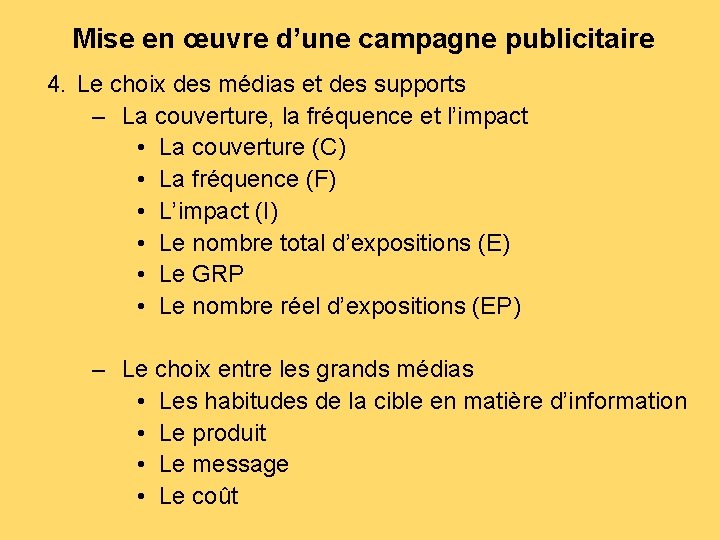 Mise en œuvre d’une campagne publicitaire 4. Le choix des médias et des supports