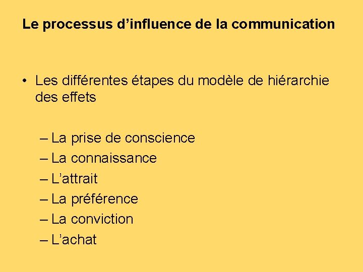 Le processus d’influence de la communication • Les différentes étapes du modèle de hiérarchie