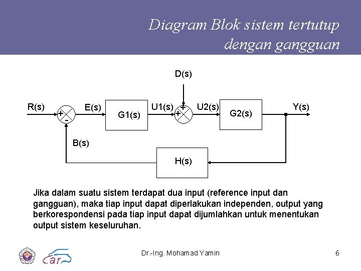 Diagram Blok sistem tertutup dengan gangguan D(s) R(s) + E(s) - G 1(s) U