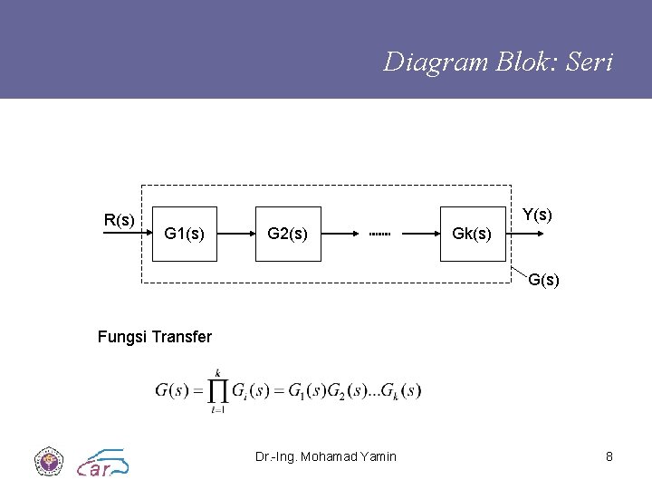 Diagram Blok: Seri R(s) Y(s) G 1(s) G 2(s) Gk(s) G(s) Fungsi Transfer Dr.