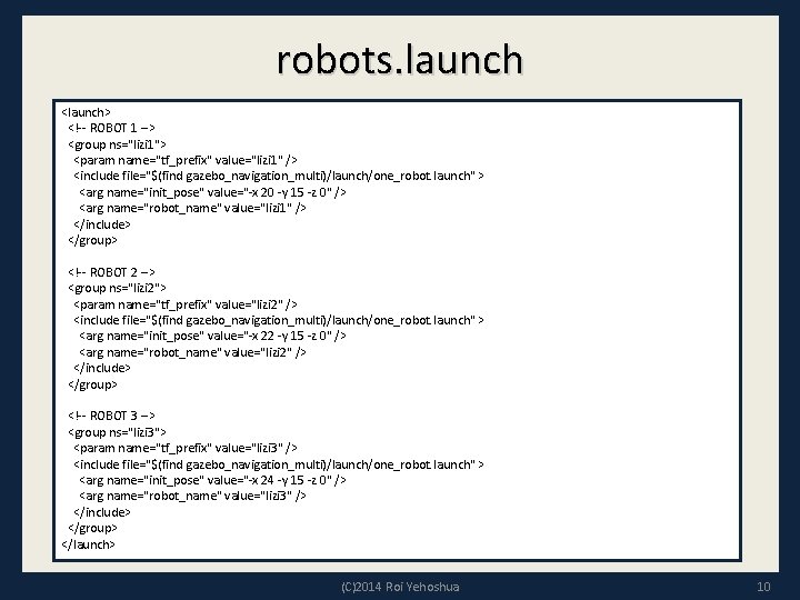 robots. launch <launch> <!-- ROBOT 1 --> <group ns="lizi 1"> <param name="tf_prefix" value="lizi 1"