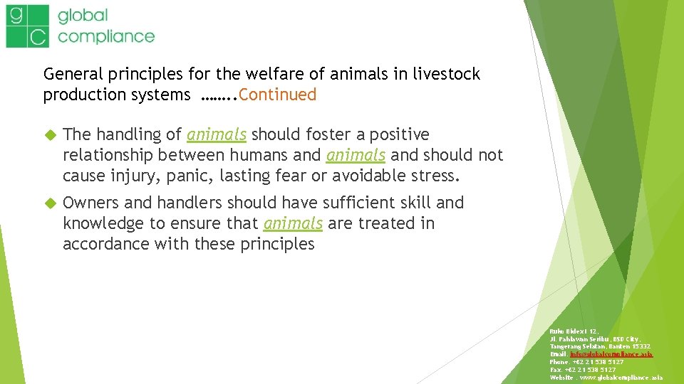 General principles for the welfare of animals in livestock production systems ……. . Continued