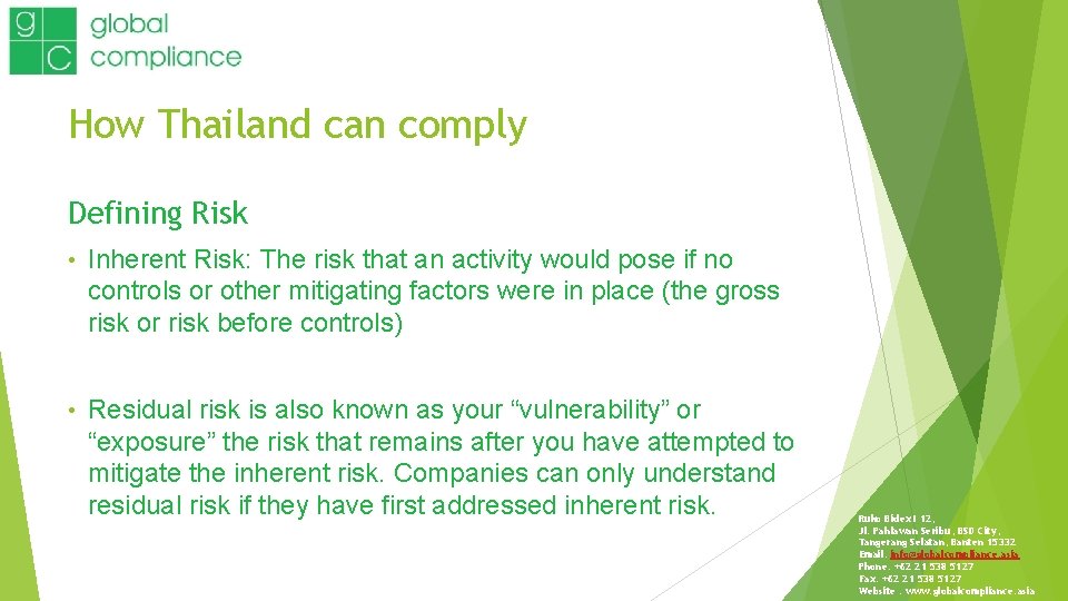 How Thailand can comply Defining Risk • Inherent Risk: The risk that an activity