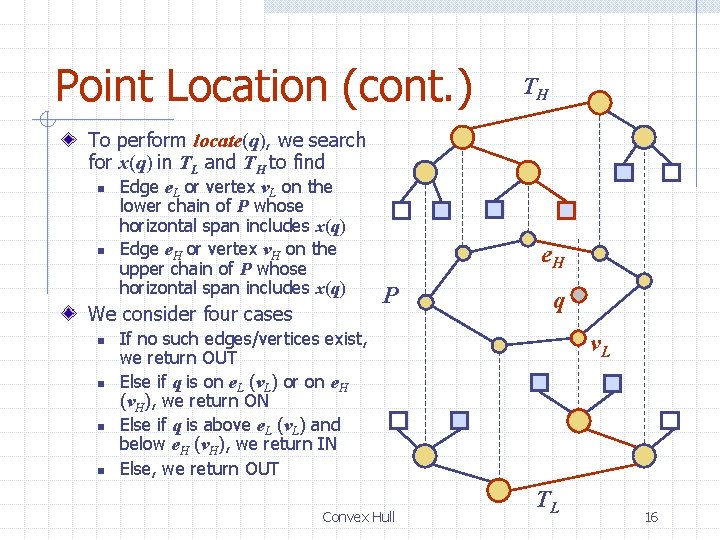 Point Location (cont. ) TH To perform locate(q), we search for x(q) in TL