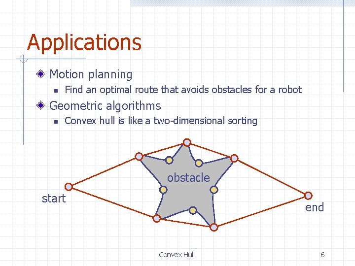 Applications Motion planning n Find an optimal route that avoids obstacles for a robot