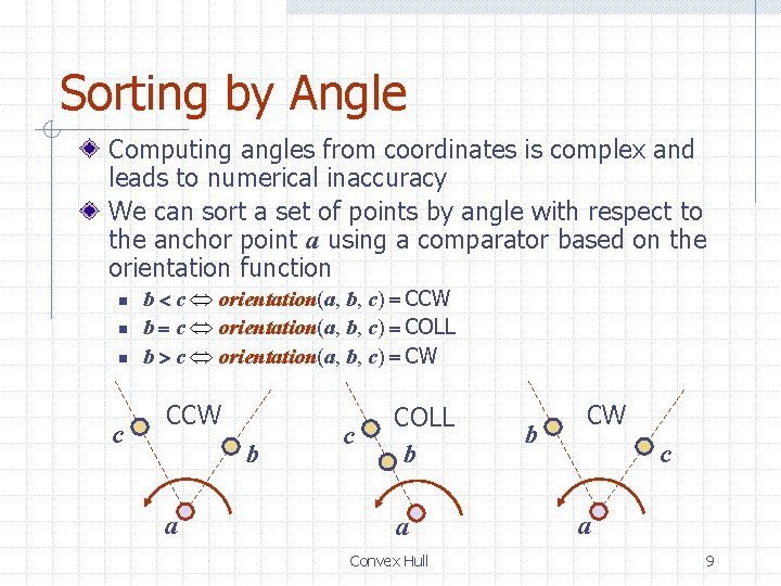 Sorting by Angle Computing angles from coordinates is complex and leads to numerical inaccuracy