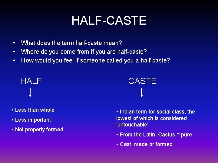 HALF-CASTE • What does the term half-caste mean? • Where do you come from