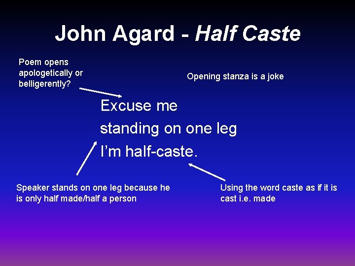 John Agard - Half Caste Poem opens apologetically or belligerently? Opening stanza is a