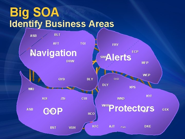 Big SOA Identify Business Areas BLT ASB AFT TGI FRY Navigation Alerts HDL ECP