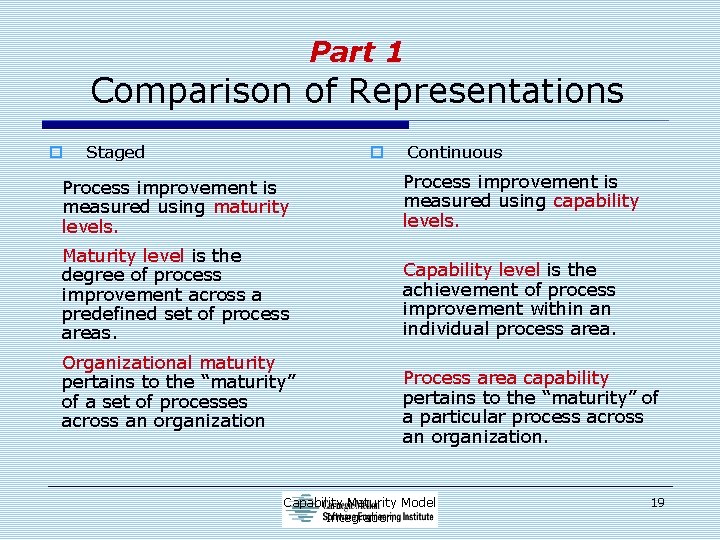 Part 1 Comparison of Representations o Staged o Continuous Process improvement is measured using