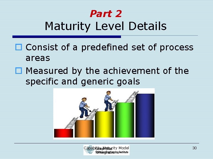 Part 2 Maturity Level Details o Consist of a predefined set of process areas