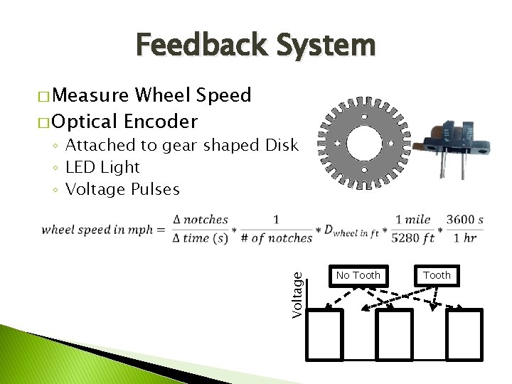 Feedback System � Measure Wheel Speed � Optical Encoder ◦ Attached to gear shaped