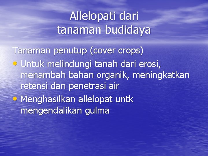 Allelopati dari tanaman budidaya Tanaman penutup (cover crops) • Untuk melindungi tanah dari erosi,