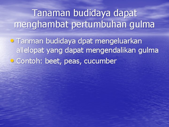 Tanaman budidaya dapat menghambat pertumbuhan gulma • Tanman budidaya dpat mengeluarkan allelopat yang dapat