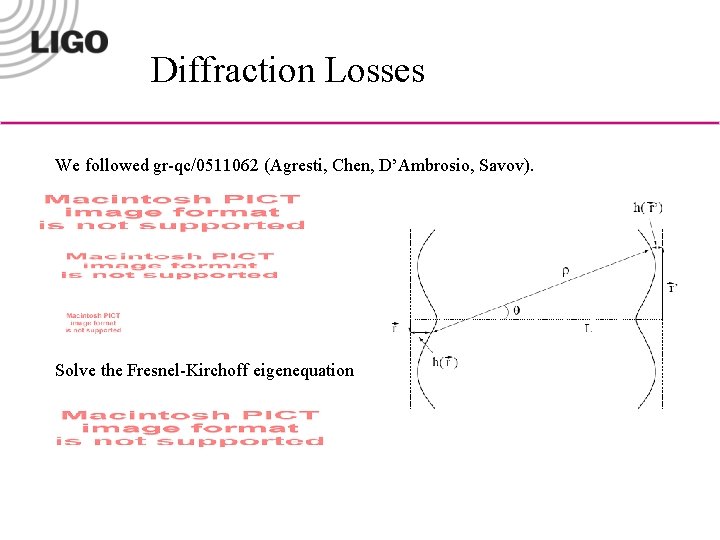 Diffraction Losses We followed gr-qc/0511062 (Agresti, Chen, D’Ambrosio, Savov). Solve the Fresnel-Kirchoff eigenequation 