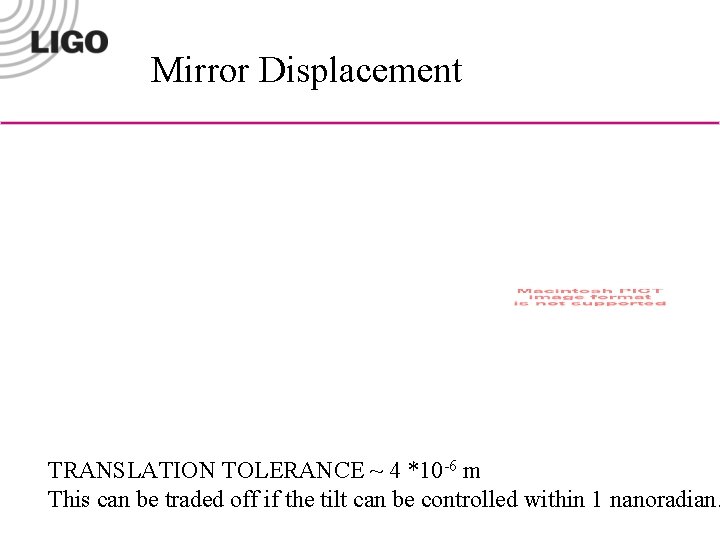 Mirror Displacement TRANSLATION TOLERANCE ~ 4 *10 -6 m This can be traded off
