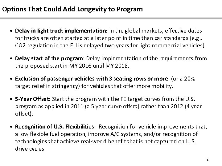 Options That Could Add Longevity to Program • Delay in light truck implementation: In