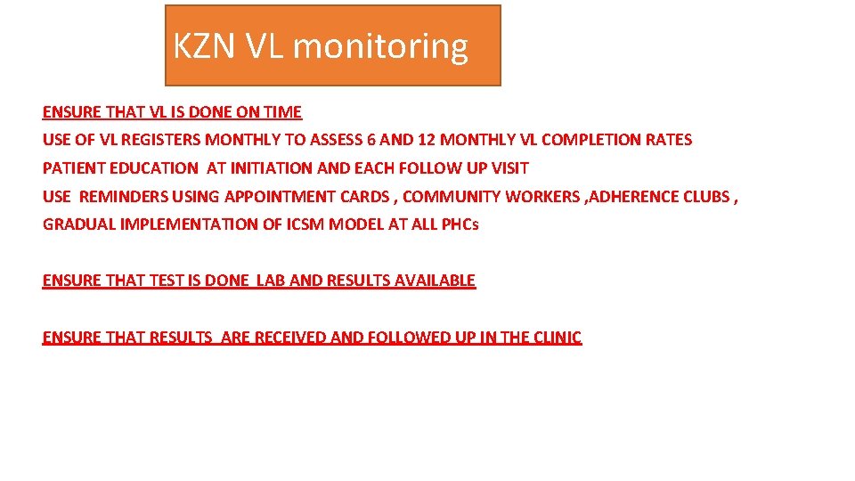 KZN VL monitoring ENSURE THAT VL IS DONE ON TIME USE OF VL REGISTERS