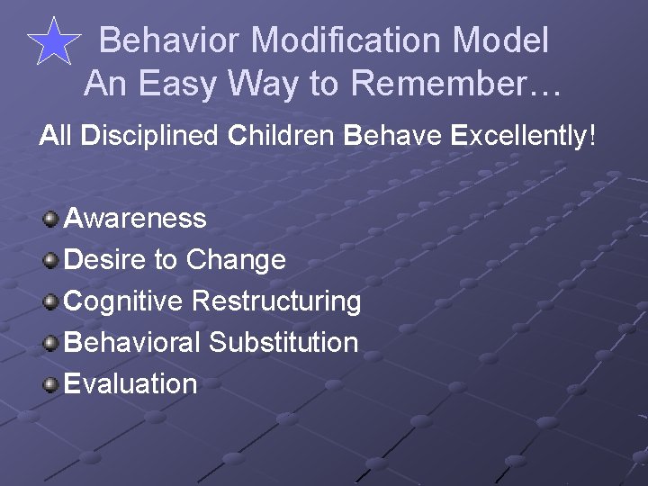 Behavior Modification Model An Easy Way to Remember… All Disciplined Children Behave Excellently! Awareness