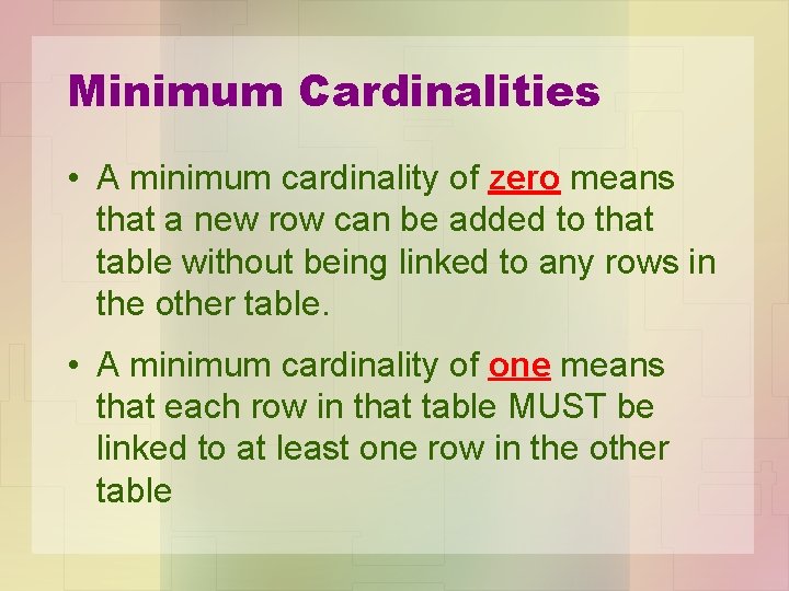 Minimum Cardinalities • A minimum cardinality of zero means that a new row can