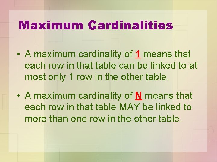 Maximum Cardinalities • A maximum cardinality of 1 means that each row in that