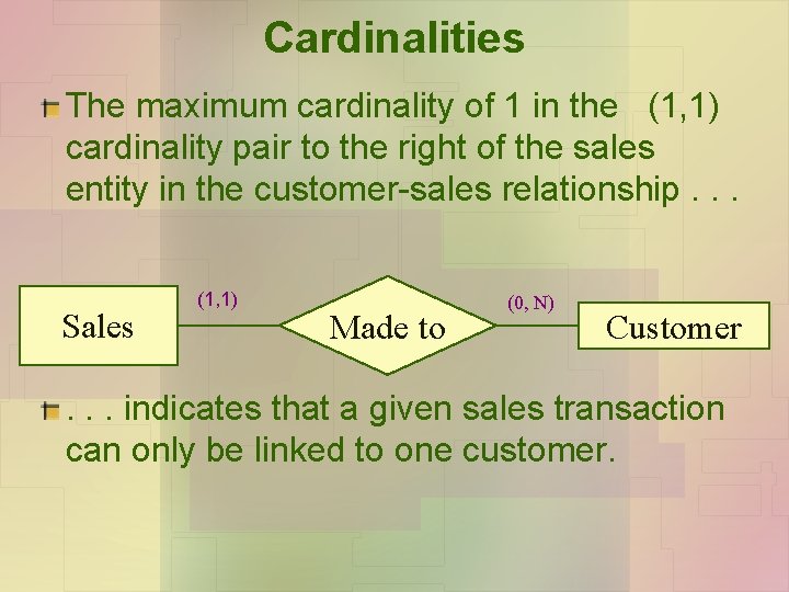 Cardinalities The maximum cardinality of 1 in the (1, 1) cardinality pair to the