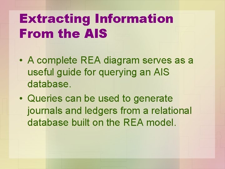 Extracting Information From the AIS • A complete REA diagram serves as a useful