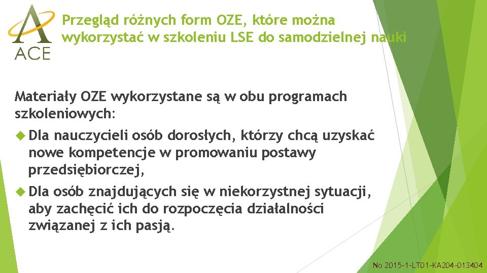 Przegląd różnych form OZE, które można wykorzystać w szkoleniu LSE do samodzielnej nauki Materiały