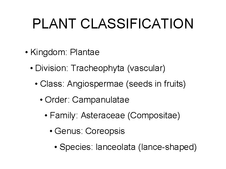 PLANT CLASSIFICATION • Kingdom: Plantae • Division: Tracheophyta (vascular) • Class: Angiospermae (seeds in