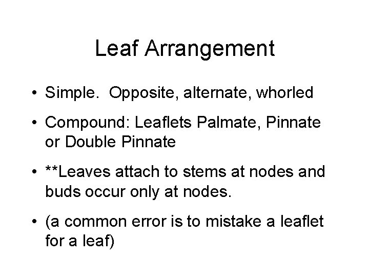 Leaf Arrangement • Simple. Opposite, alternate, whorled • Compound: Leaflets Palmate, Pinnate or Double