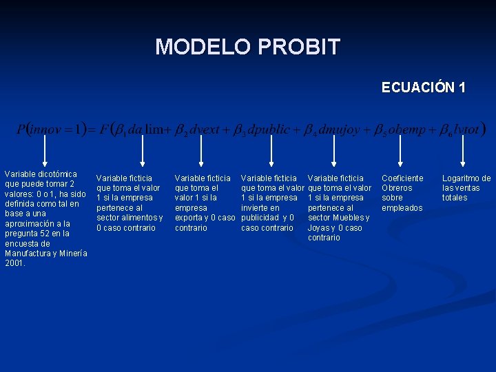 MODELO PROBIT ECUACIÓN 1 Variable dicotómica que puede tomar 2 valores: 0 o 1,